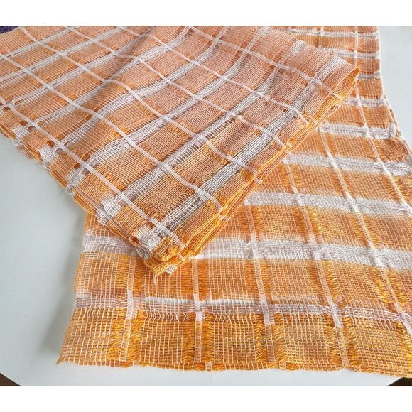 Vintage 70s curtain, orange white open weave, large stripes, per panel - Picture 8 of 10